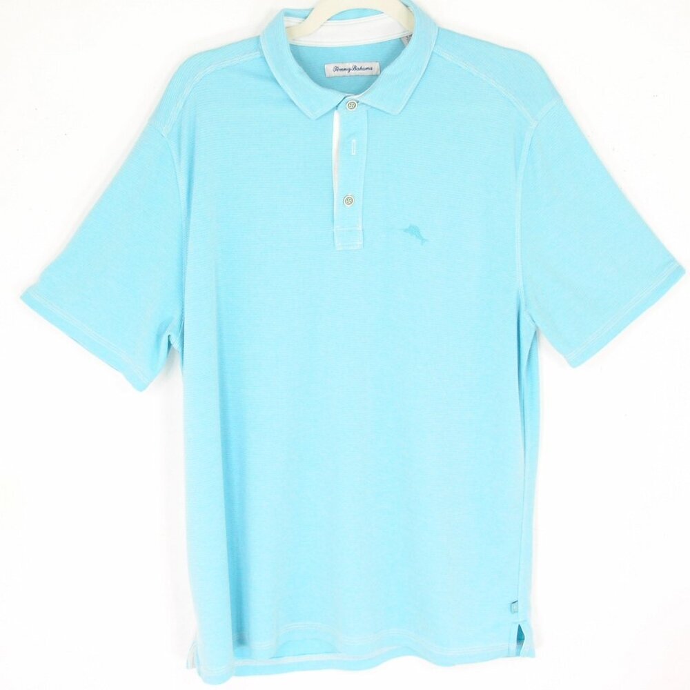 Tommy Bahama Swordfish/Marlin Polo Shirt Light Blue w/ White Stripes Mens Large